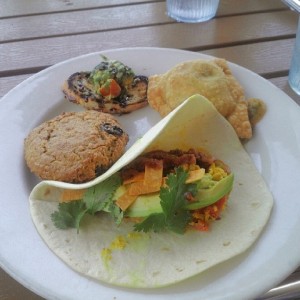 Taco, cookie, avocado bruchetta, and samosa at Alamo Drafthouse Village